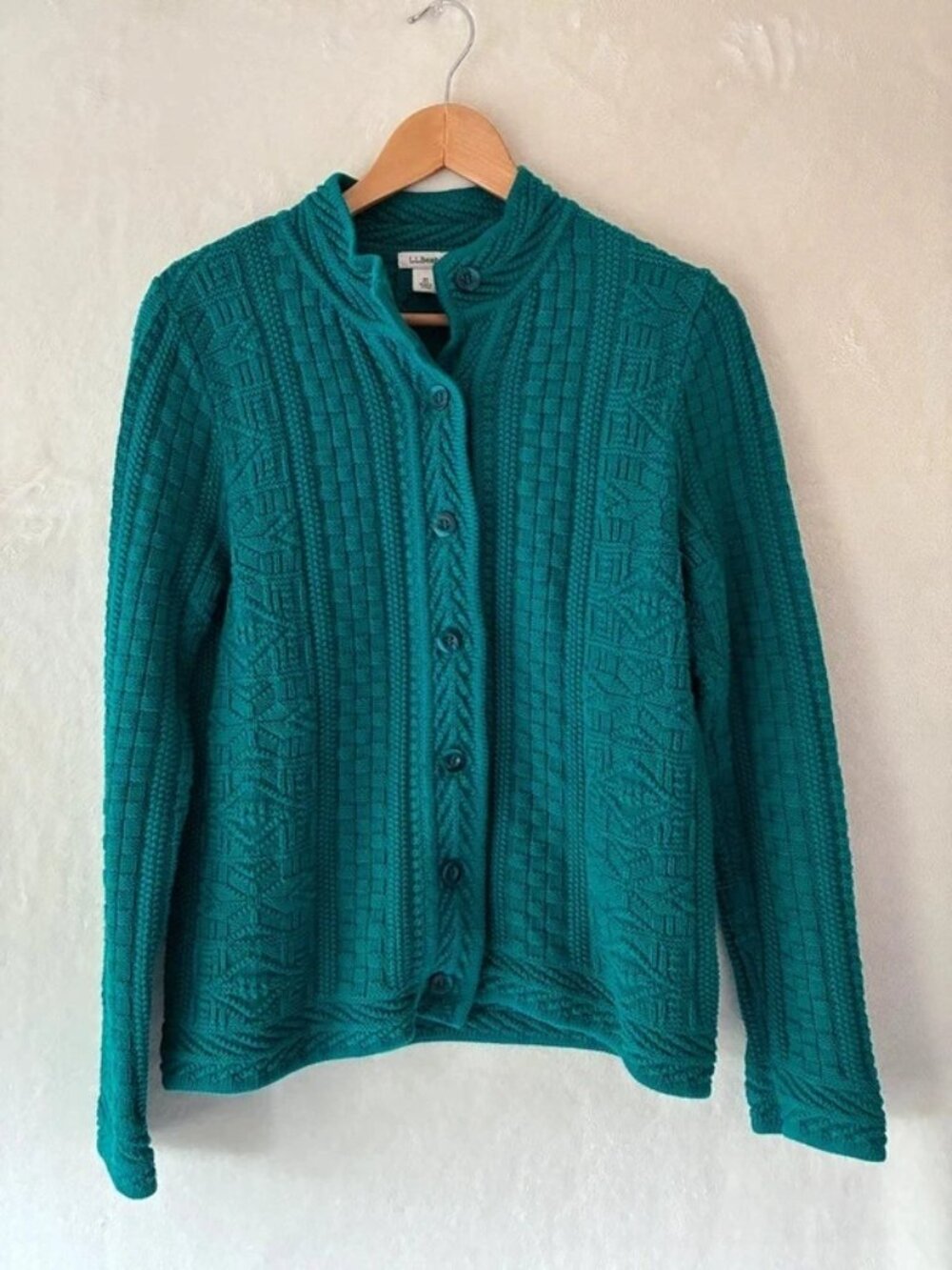 LL Bean Teal Cable Knit Cotton Cardigan Medium Cottagecore Cozy Grandpacore